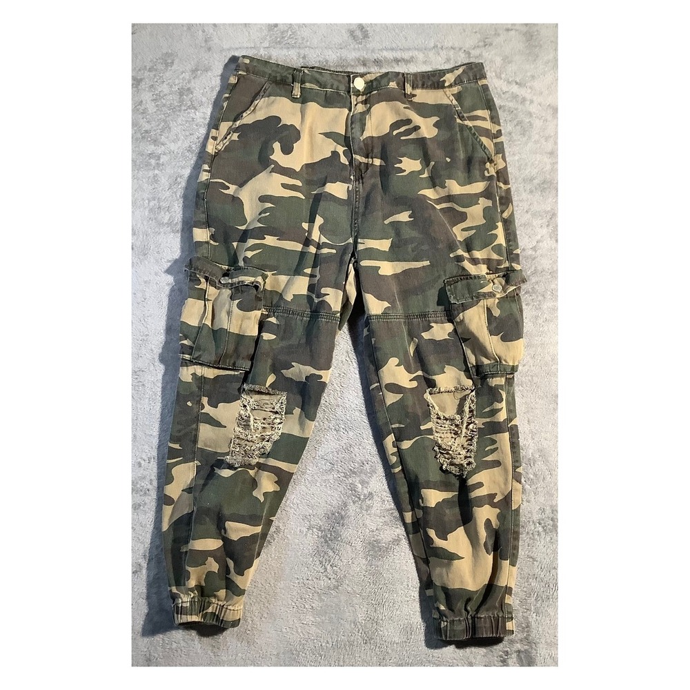 boohoo BLUE Women's Camo Cargo Jogger Pants Distressed Ripped Knee US 14‎